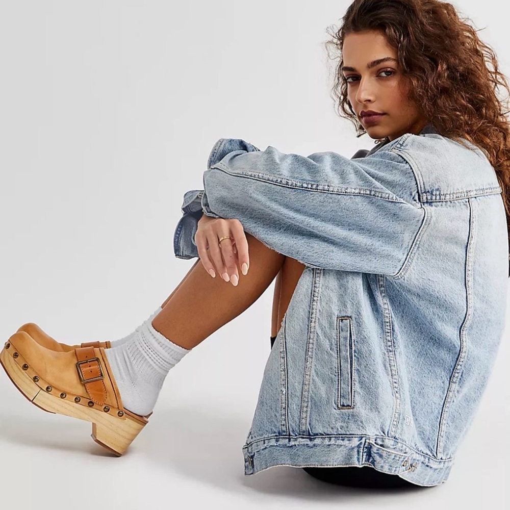 Free People Culver City Clog Mule Leather Studded Wooden Platform Light Academia - Picture 6 of 14